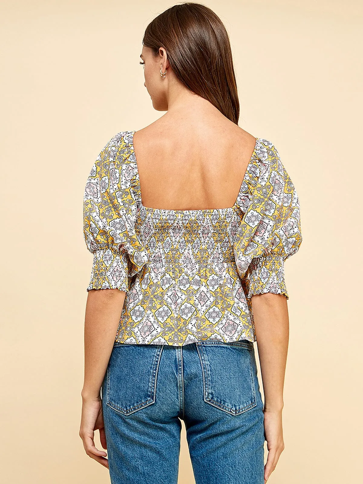 WOMEN'S SHORT PUFF SLEEVE SMOCK PEPLUM FLORAL BLOUSE TOP