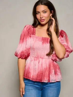 WOMEN'S SHORT PUFF SLEEVE SQUARE NECK SMOCK TIE DYE BLOUSE TOP