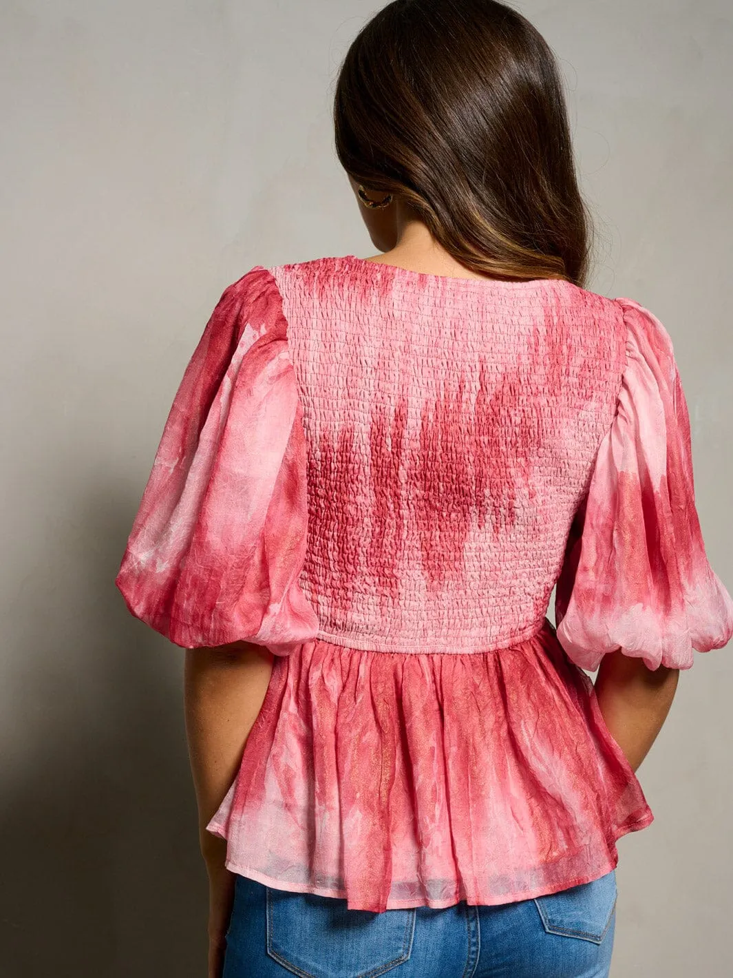 WOMEN'S SHORT PUFF SLEEVE SQUARE NECK SMOCK TIE DYE BLOUSE TOP