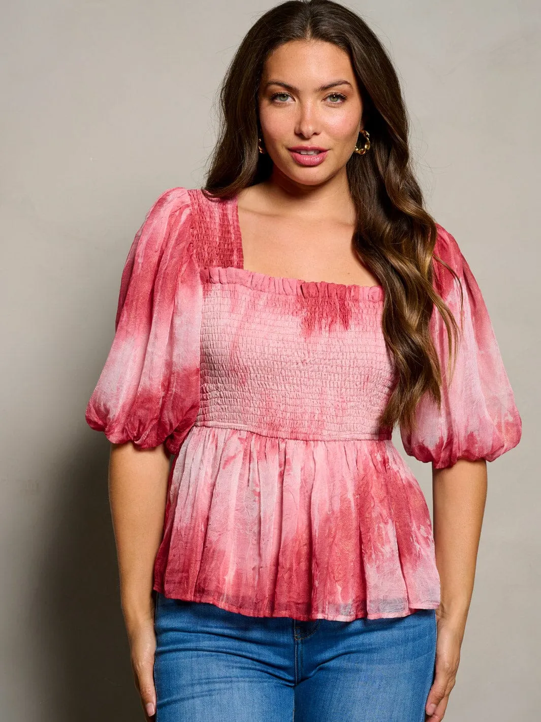 WOMEN'S SHORT PUFF SLEEVE SQUARE NECK SMOCK TIE DYE BLOUSE TOP