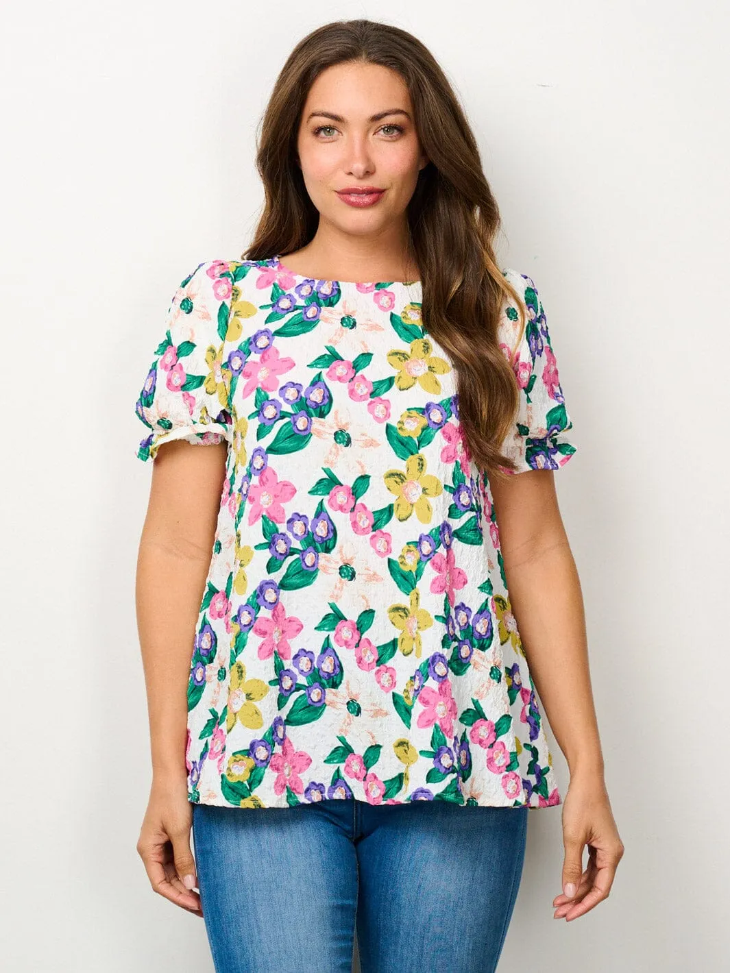WOMEN'S SHORT PUFF SLEEVE TUNIC FLORAL BLOUSE TOP