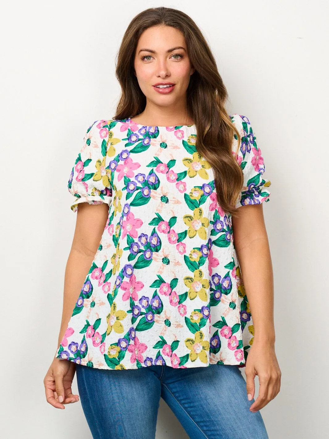 WOMEN'S SHORT PUFF SLEEVE TUNIC FLORAL BLOUSE TOP