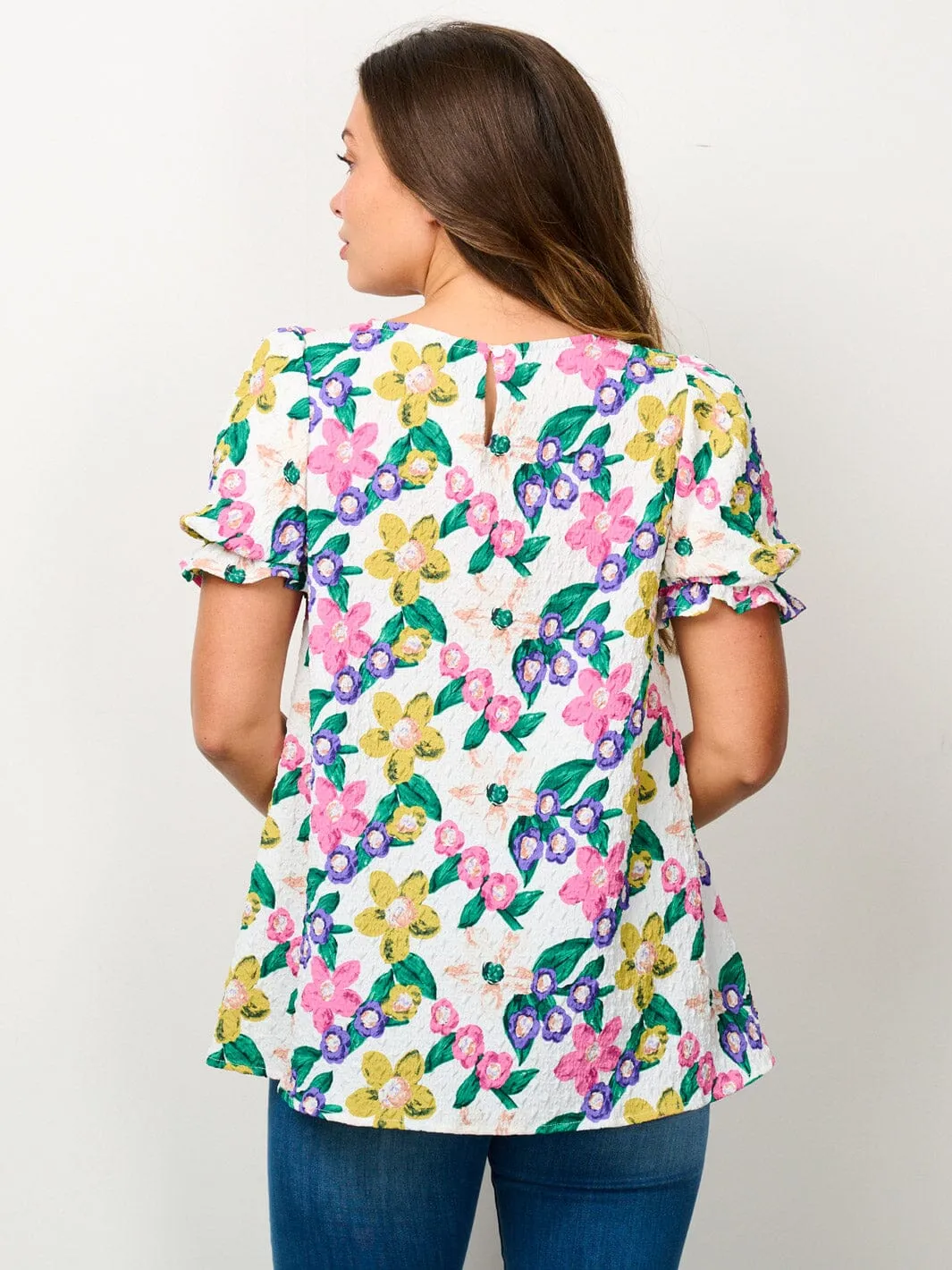 WOMEN'S SHORT PUFF SLEEVE TUNIC FLORAL BLOUSE TOP
