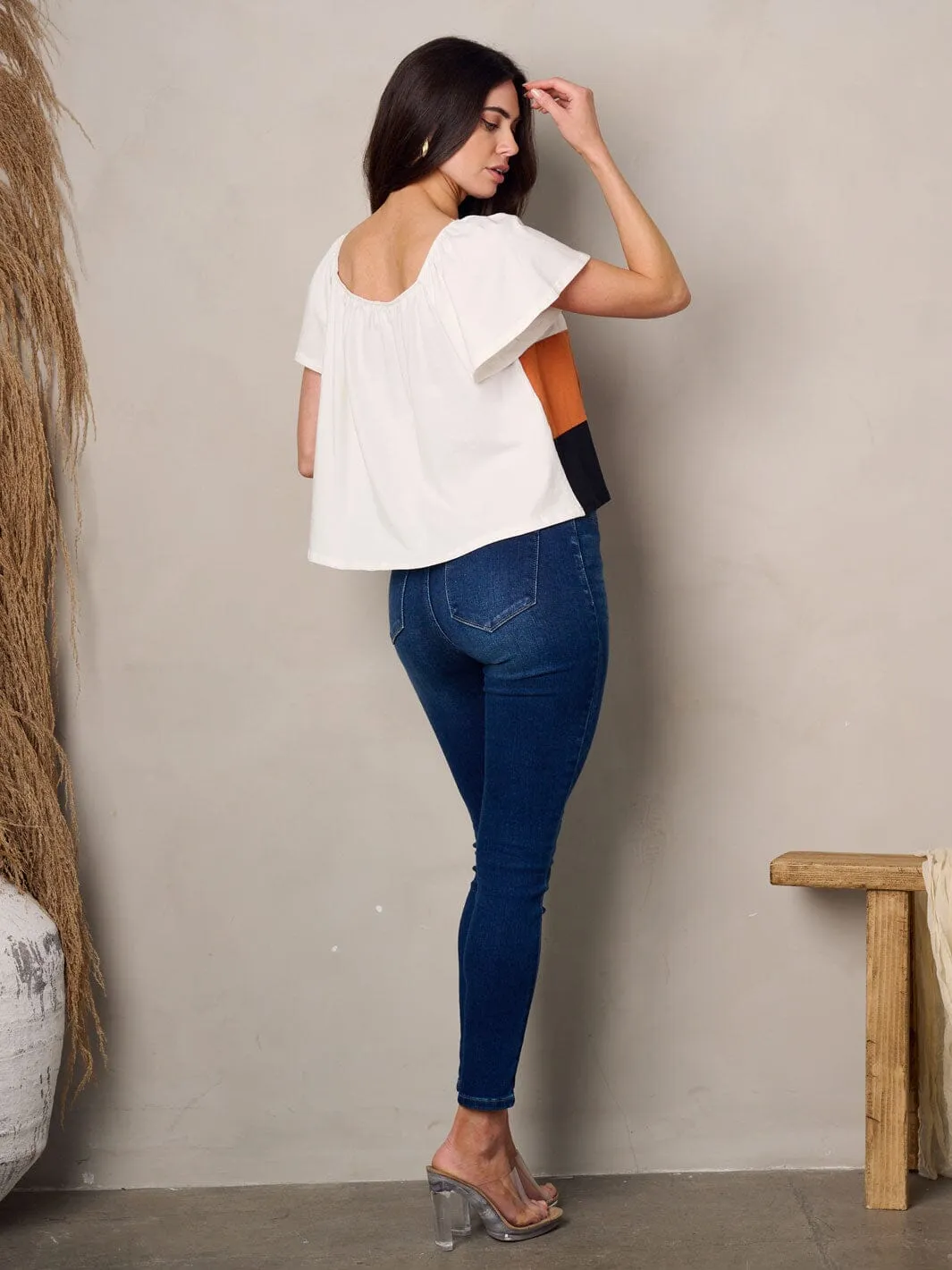 WOMEN'S SHORT RUFFLE COLORBLOCK TUNIC TOP