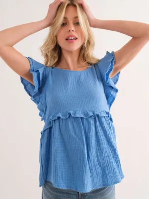 WOMEN'S SHORT RUFFLE SLEEVE BABYDOLL BLOUSE TOP