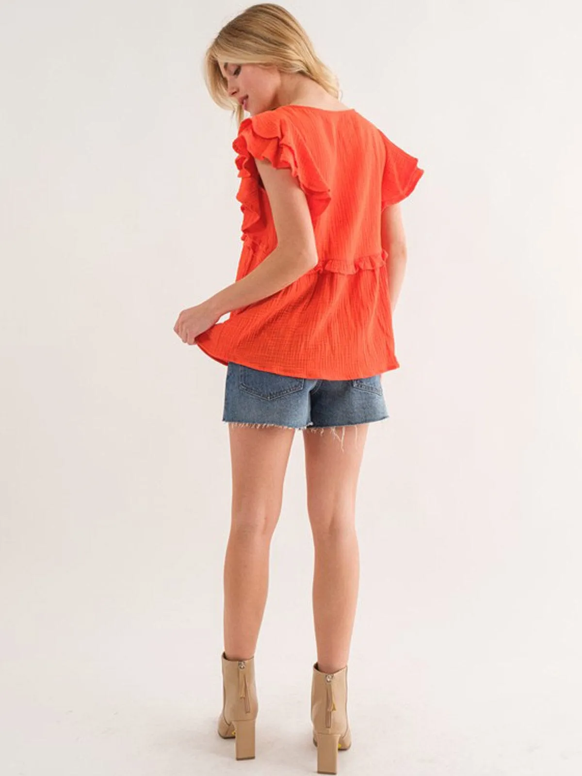 WOMEN'S SHORT RUFFLE SLEEVE BABYDOLL BLOUSE TOP