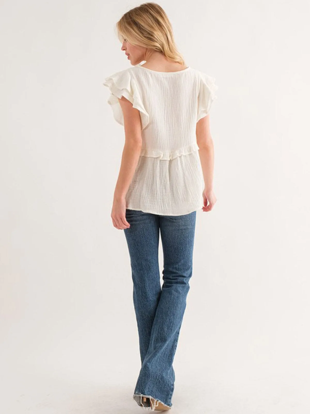 WOMEN'S SHORT RUFFLE SLEEVE BABYDOLL BLOUSE TOP