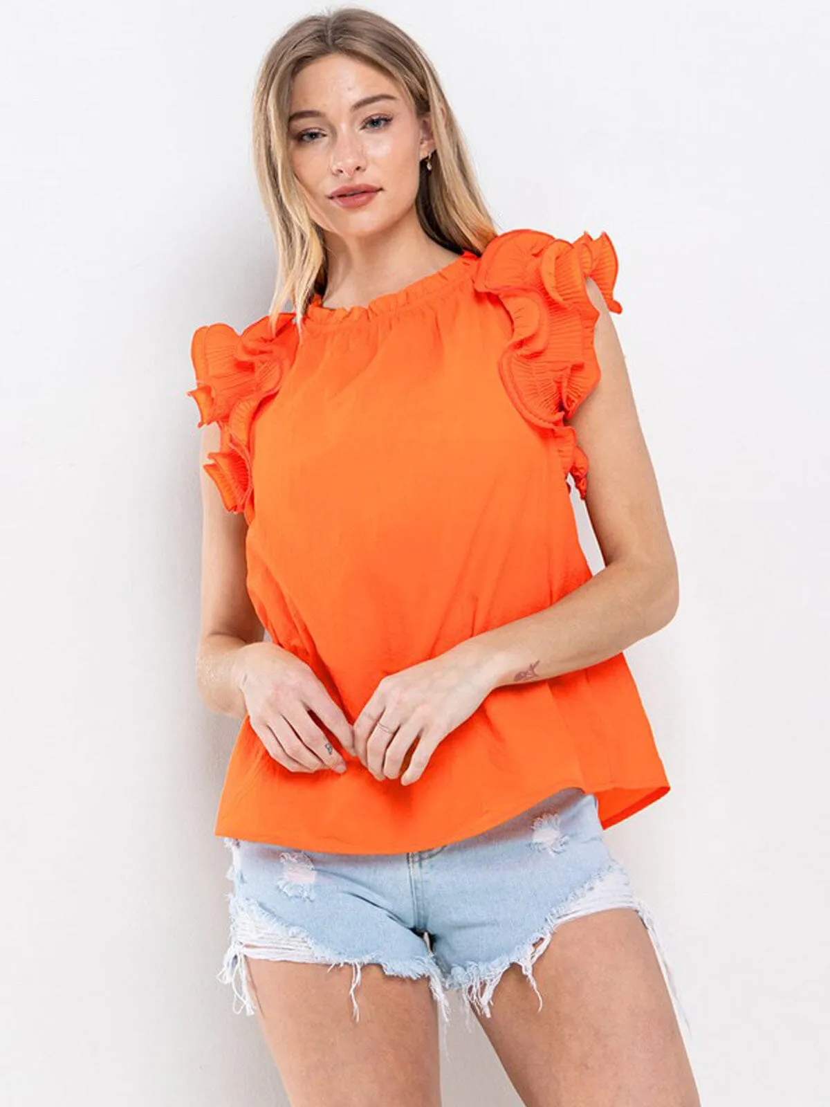 WOMEN'S SHORT RUFFLE SLEEVE DETAILED TUNIC BLOUSE TOP