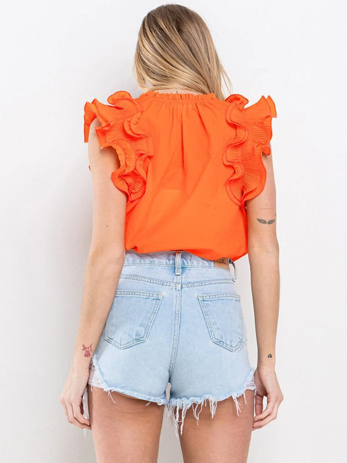 WOMEN'S SHORT RUFFLE SLEEVE DETAILED TUNIC BLOUSE TOP