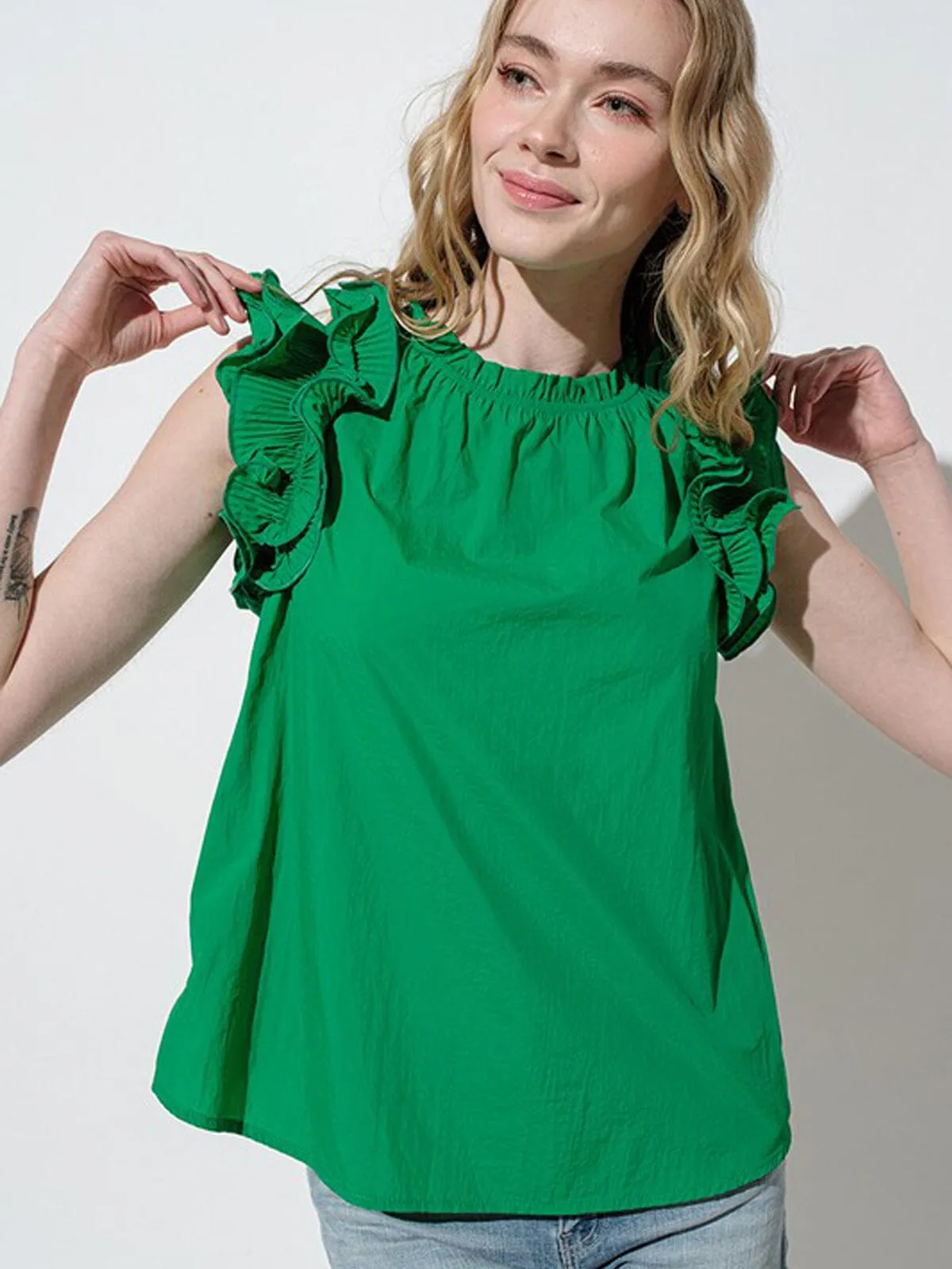 WOMEN'S SHORT RUFFLE SLEEVE DETAILED TUNIC BLOUSE TOP