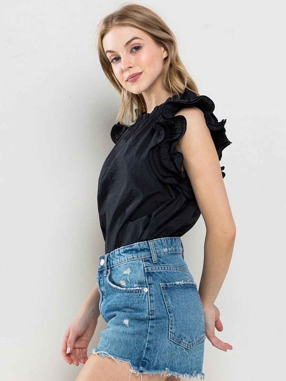 WOMEN'S SHORT RUFFLE SLEEVE DETAILED TUNIC BLOUSE TOP