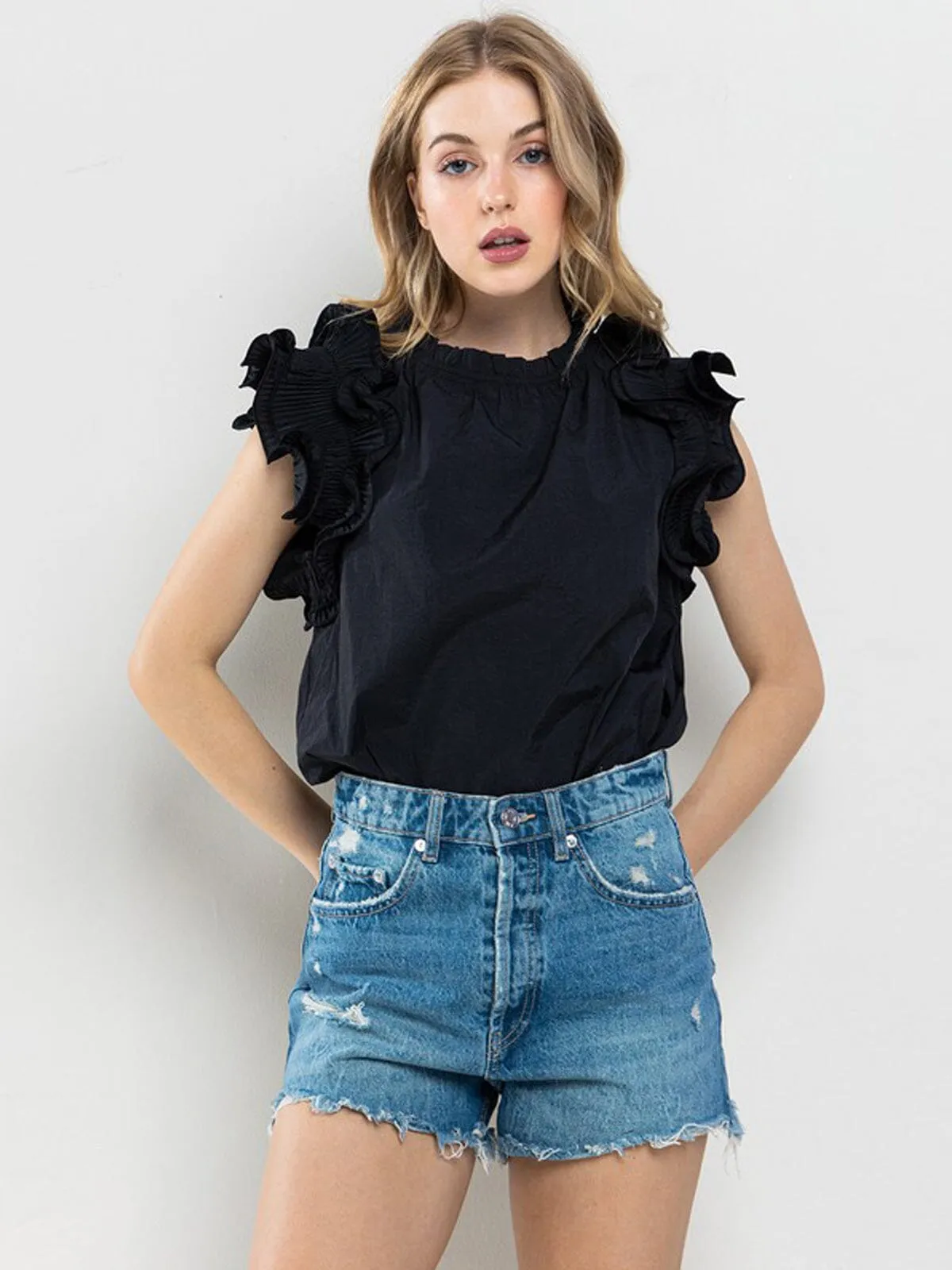 WOMEN'S SHORT RUFFLE SLEEVE DETAILED TUNIC BLOUSE TOP