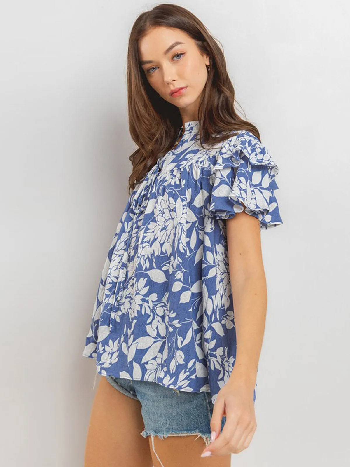 WOMEN'S SHORT RUFFLE SLEEVE FLORAL PRINT BLOUSE TOP