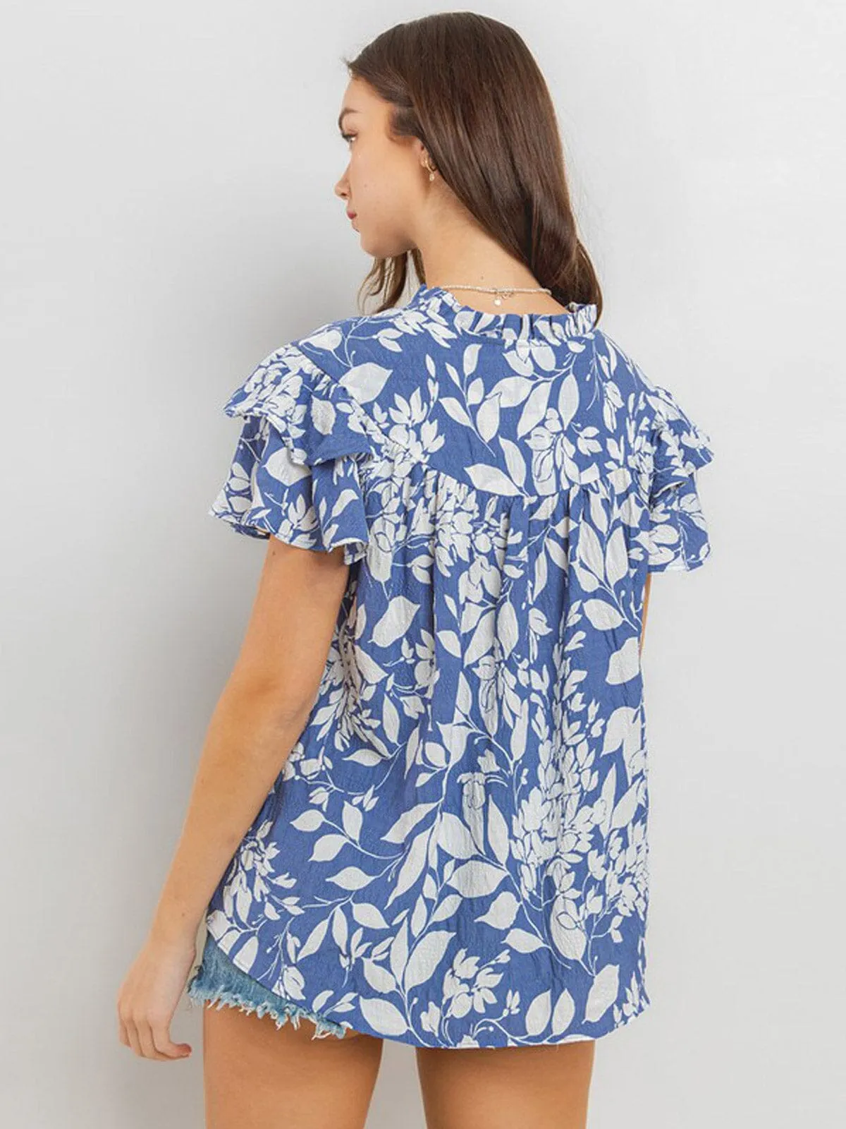 WOMEN'S SHORT RUFFLE SLEEVE FLORAL PRINT BLOUSE TOP