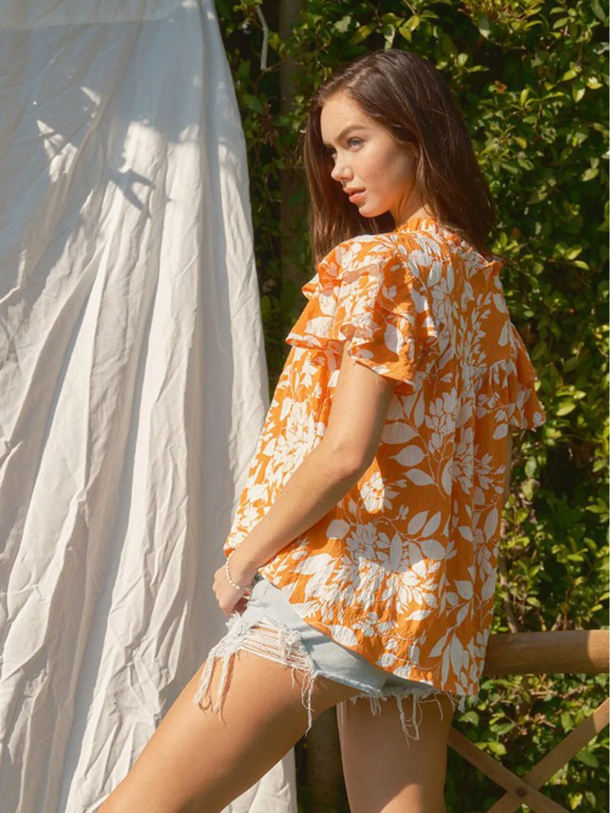 WOMEN'S SHORT RUFFLE SLEEVE FLORAL PRINT BLOUSE TOP