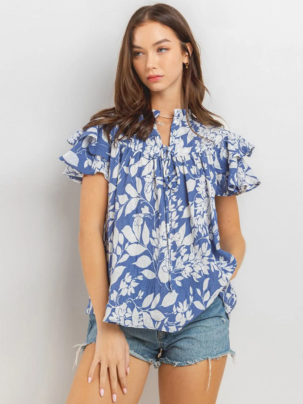WOMEN'S SHORT RUFFLE SLEEVE FLORAL PRINT BLOUSE TOP