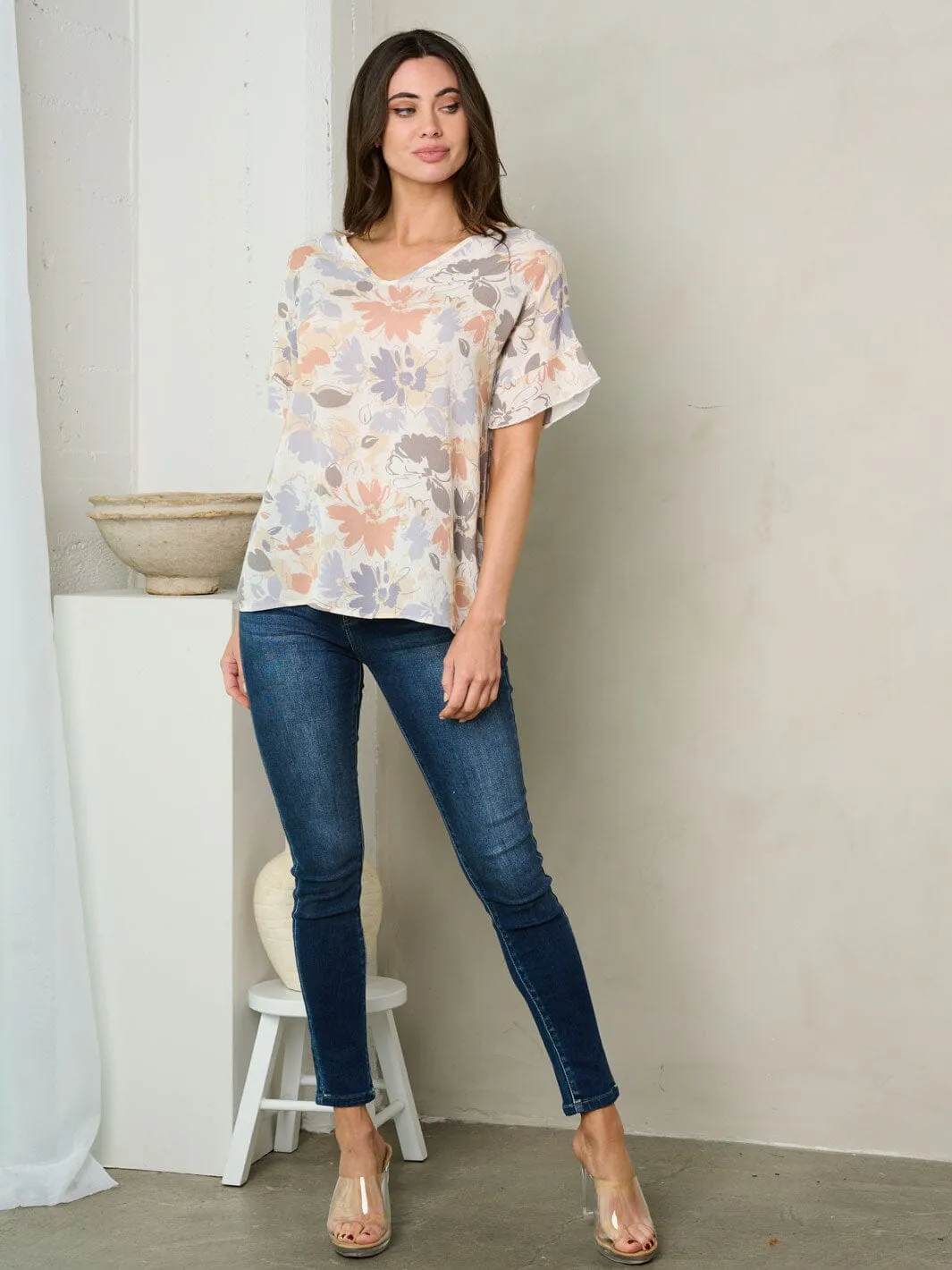 WOMEN'S SHORT RUFFLE SLEEVE FLORAL TUNIC TOP