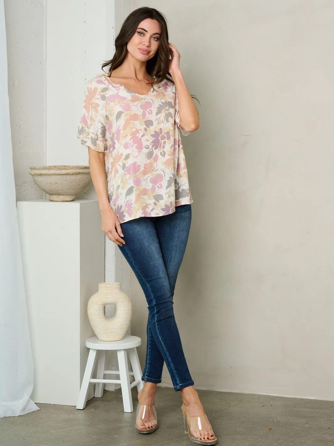 WOMEN'S SHORT RUFFLE SLEEVE FLORAL TUNIC TOP