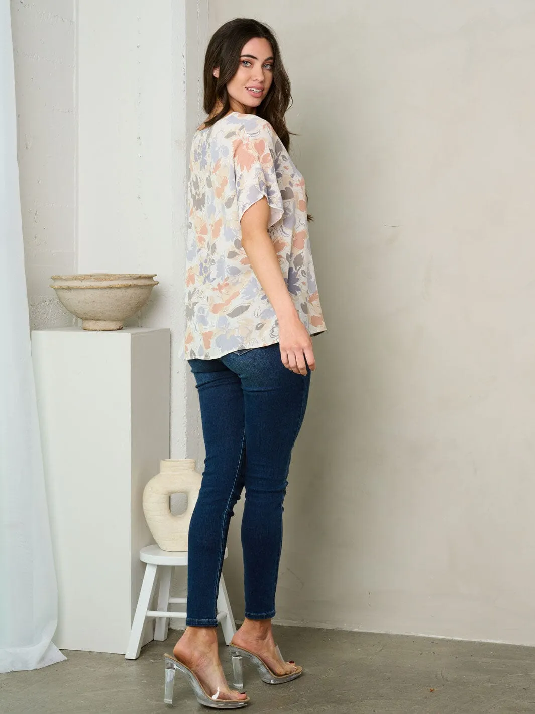 WOMEN'S SHORT RUFFLE SLEEVE FLORAL TUNIC TOP