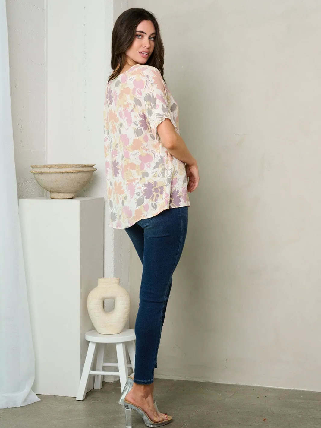 WOMEN'S SHORT RUFFLE SLEEVE FLORAL TUNIC TOP