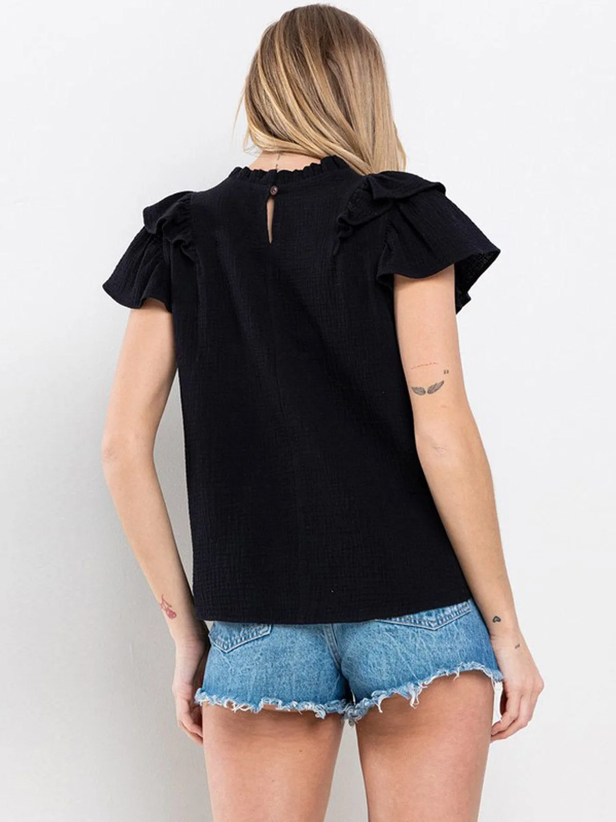 WOMEN'S SHORT RUFFLE SLEEVE MOCK NECK BLOUSE TOP