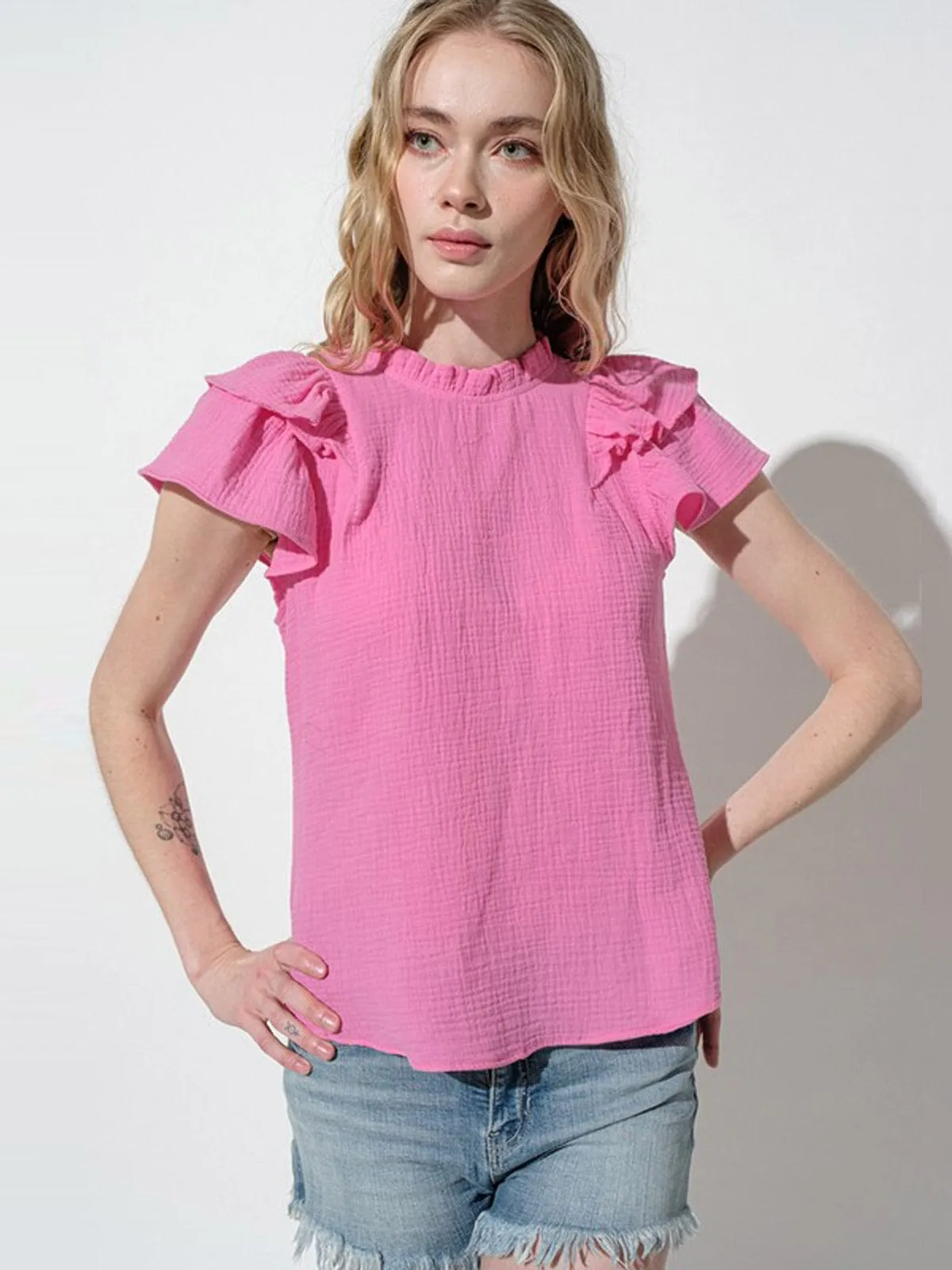 WOMEN'S SHORT RUFFLE SLEEVE MOCK NECK BLOUSE TOP