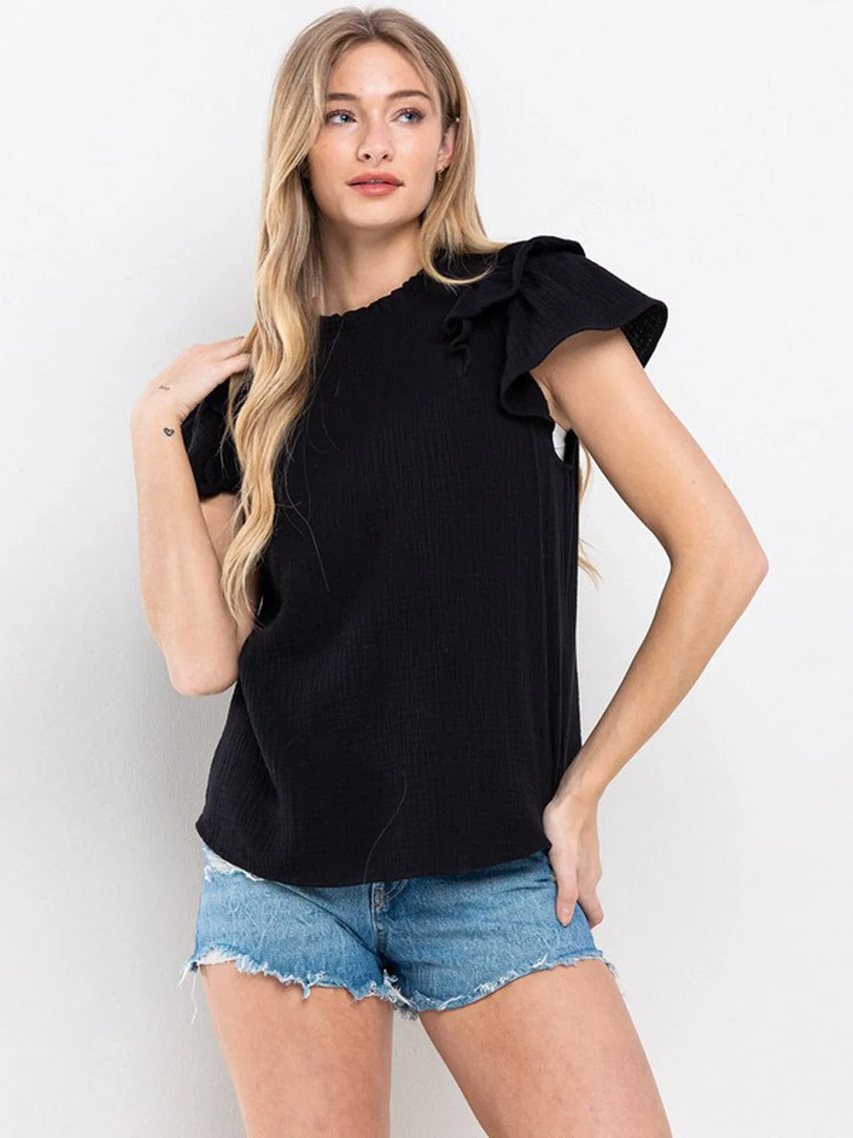 WOMEN'S SHORT RUFFLE SLEEVE MOCK NECK BLOUSE TOP