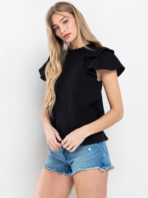 WOMEN'S SHORT RUFFLE SLEEVE MOCK NECK BLOUSE TOP