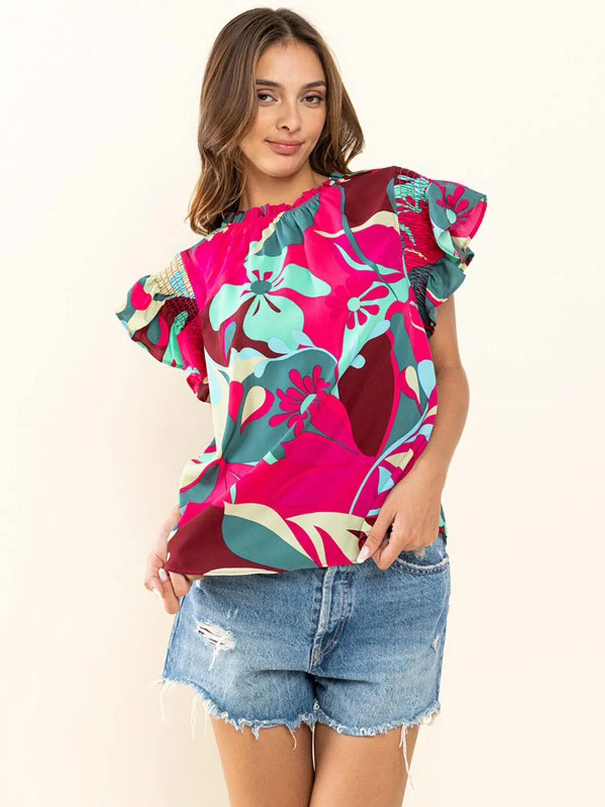 WOMEN'S SHORT RUFFLE SLEEVE MOCK NECK FLORAL BLOUSE TOP