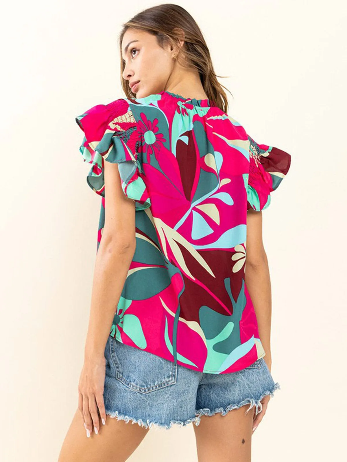 WOMEN'S SHORT RUFFLE SLEEVE MOCK NECK FLORAL BLOUSE TOP