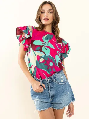 WOMEN'S SHORT RUFFLE SLEEVE MOCK NECK FLORAL BLOUSE TOP