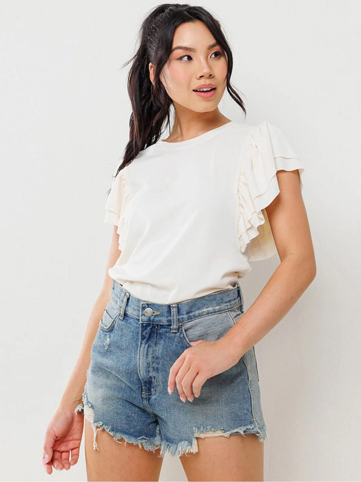 WOMEN'S SHORT RUFFLE SLEEVE RIBBED BLOUSE TOP