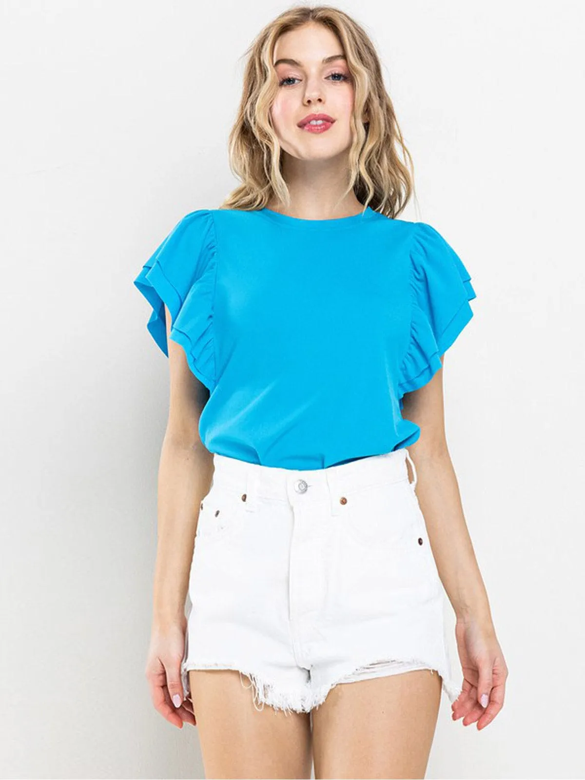 WOMEN'S SHORT RUFFLE SLEEVE RIBBED BLOUSE TOP