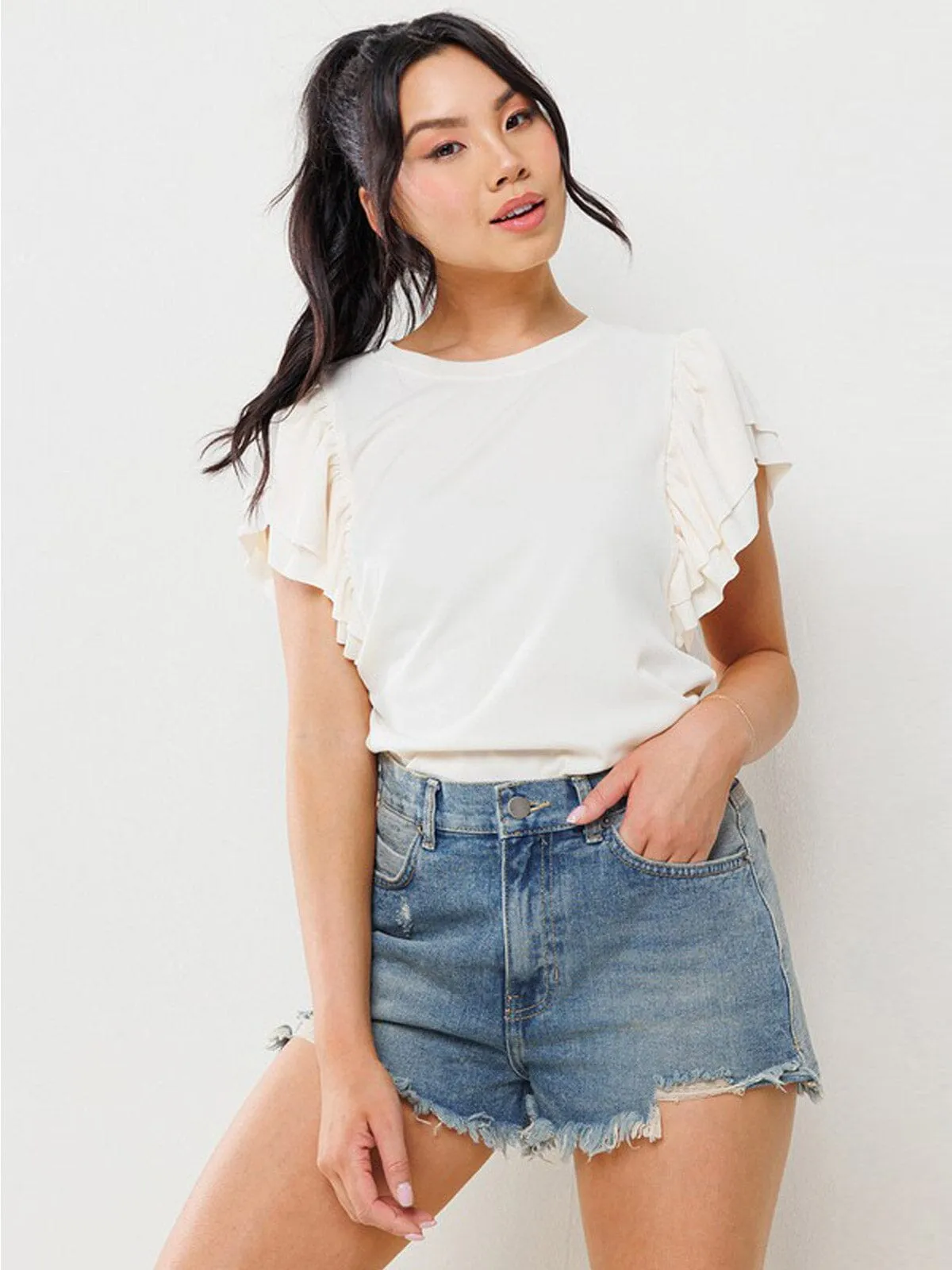 WOMEN'S SHORT RUFFLE SLEEVE RIBBED BLOUSE TOP