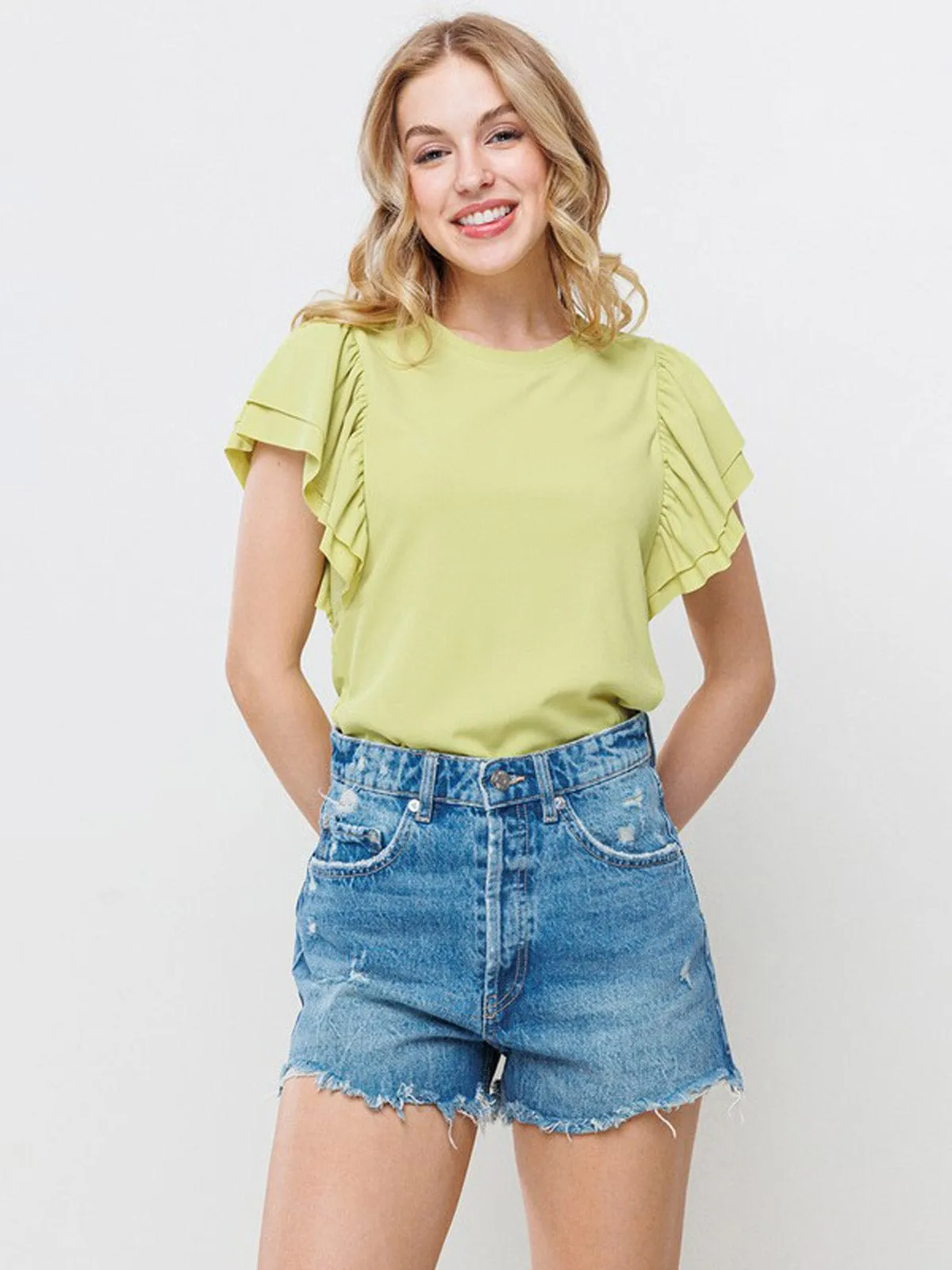 WOMEN'S SHORT RUFFLE SLEEVE RIBBED BLOUSE TOP