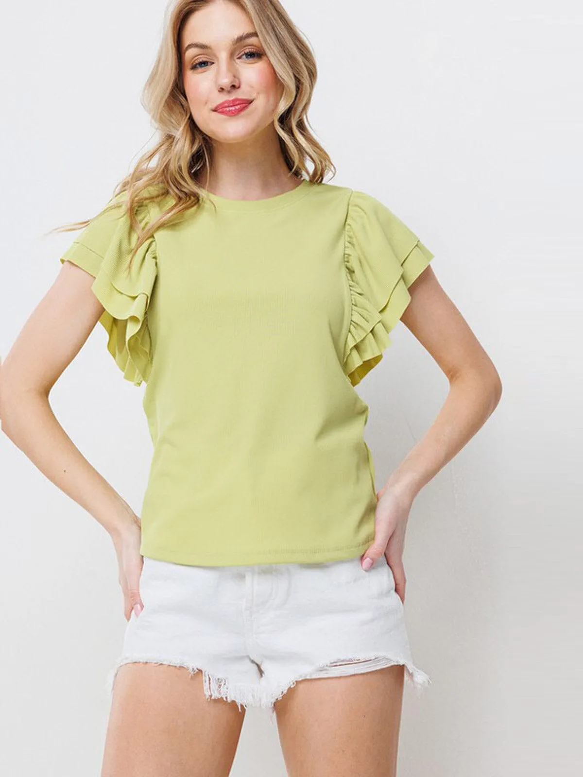 WOMEN'S SHORT RUFFLE SLEEVE RIBBED BLOUSE TOP