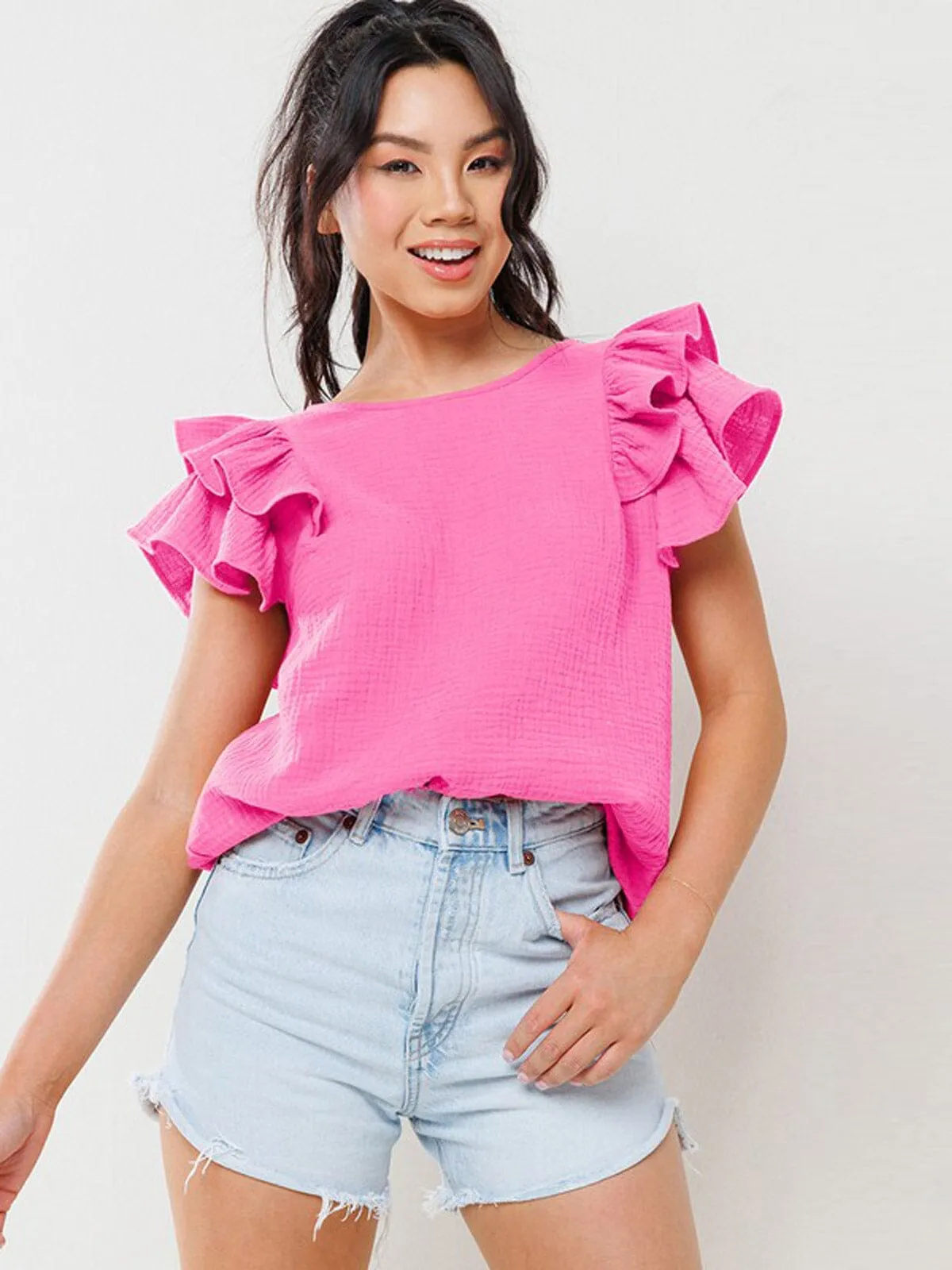 WOMEN'S SHORT RUFFLE SLEEVE TUNIC BLOUSE TOP