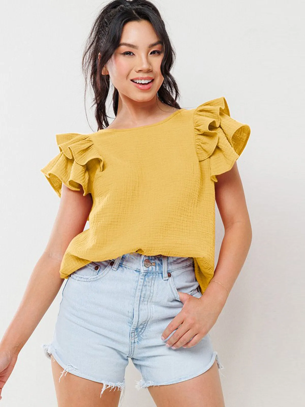 WOMEN'S SHORT RUFFLE SLEEVE TUNIC BLOUSE TOP