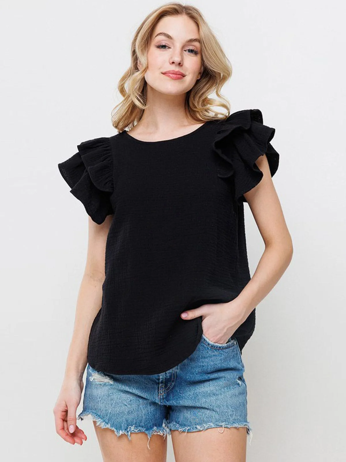 WOMEN'S SHORT RUFFLE SLEEVE TUNIC BLOUSE TOP