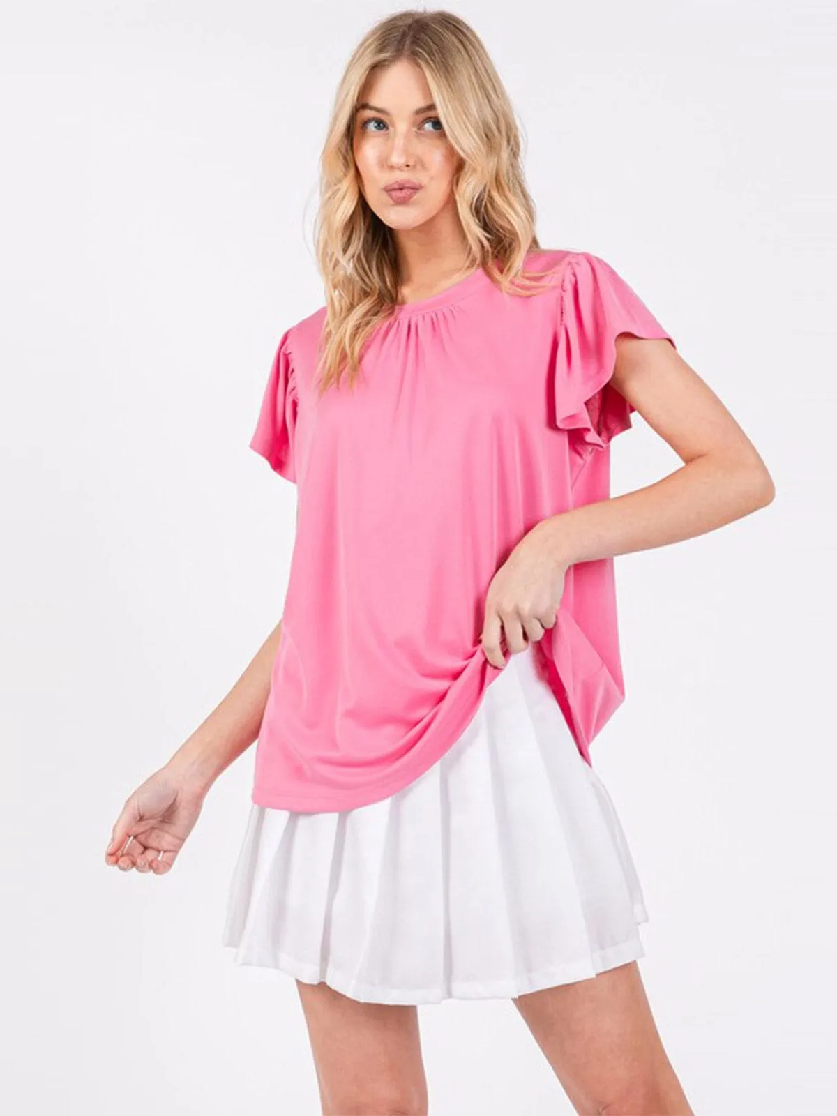 WOMEN'S SHORT RUFFLE SLEEVE TUNIC BLOUSE