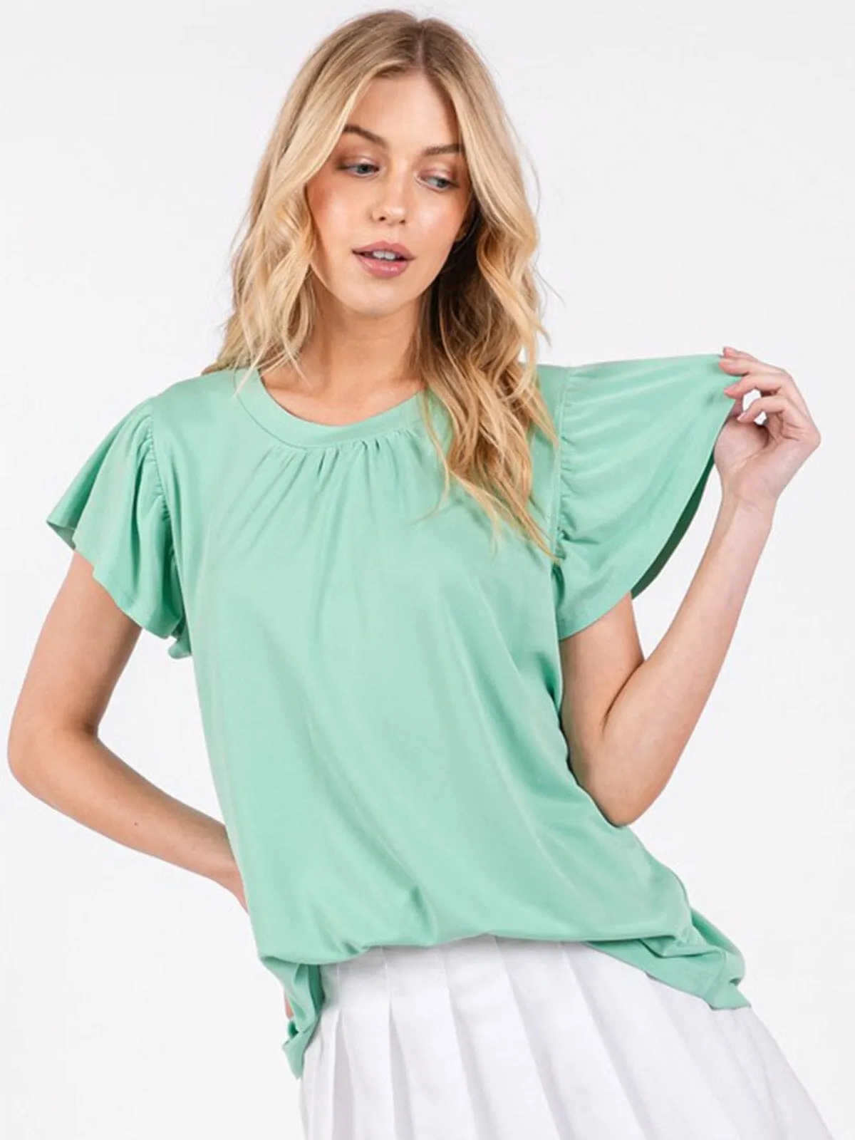 WOMEN'S SHORT RUFFLE SLEEVE TUNIC BLOUSE