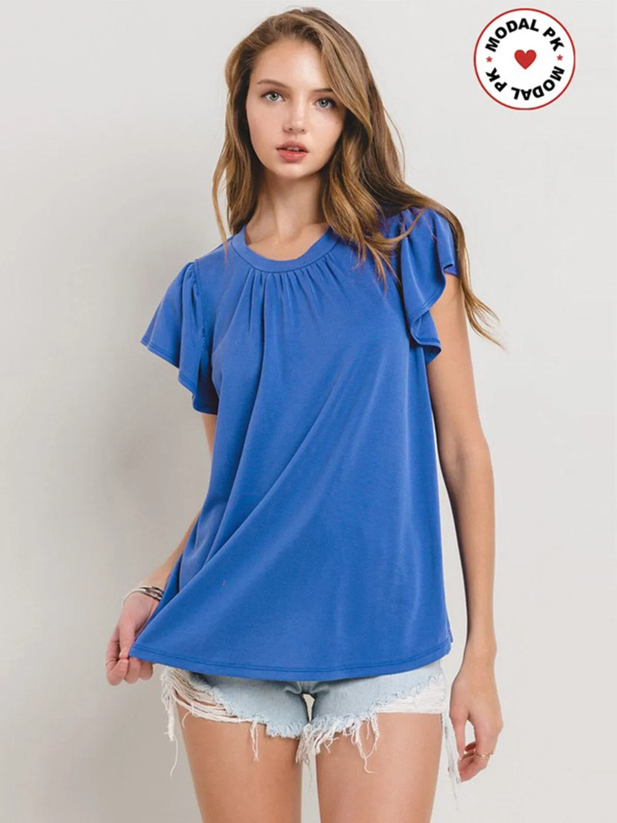 WOMEN'S SHORT RUFFLE SLEEVE TUNIC BLOUSE