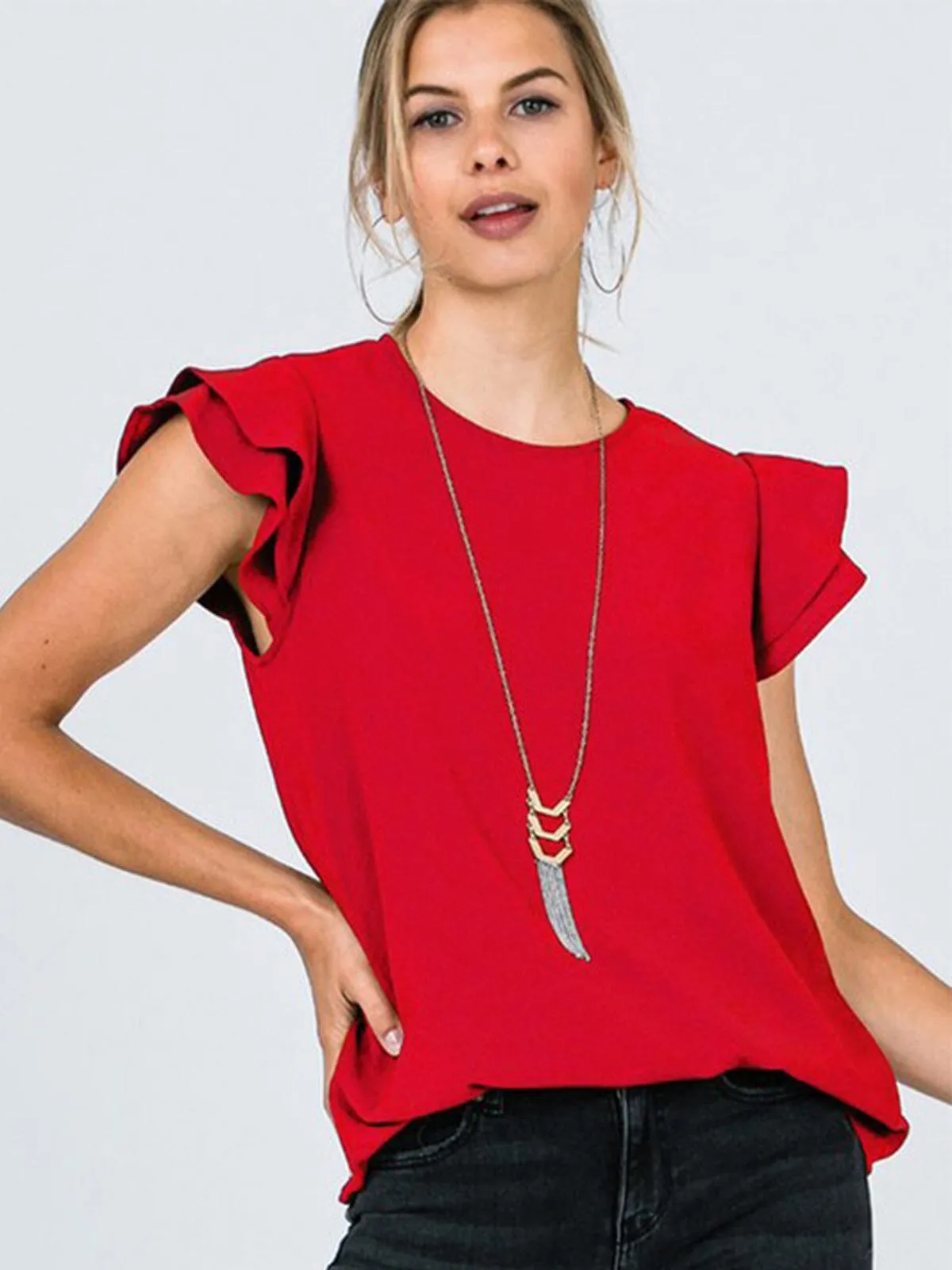 WOMEN'S SHORT RUFFLE SLEEVE TUNIC TOP