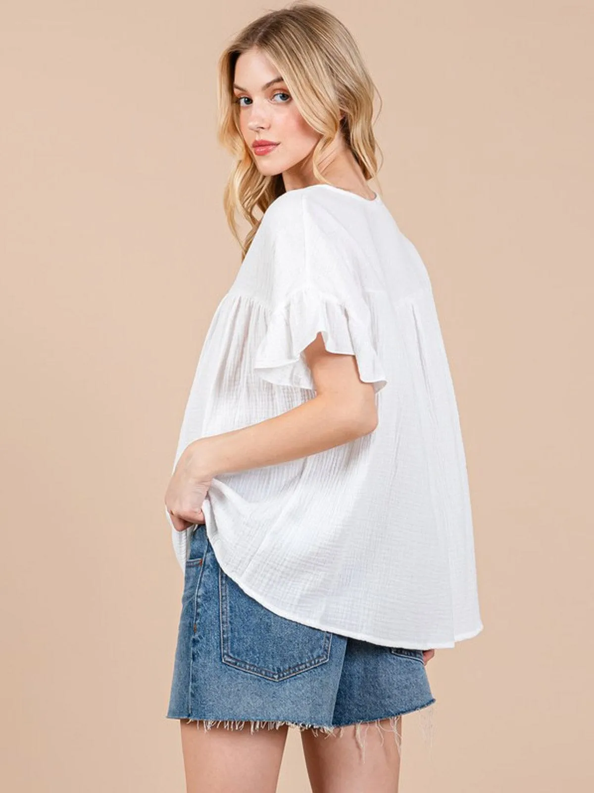 WOMEN'S SHORT RUFFLE SLEEVE V-NECK TUNIC BLOUSE