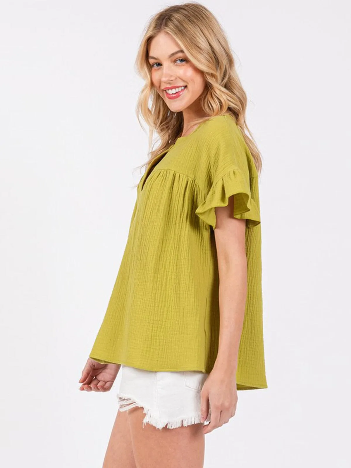 WOMEN'S SHORT RUFFLE SLEEVE V-NECK TUNIC BLOUSE