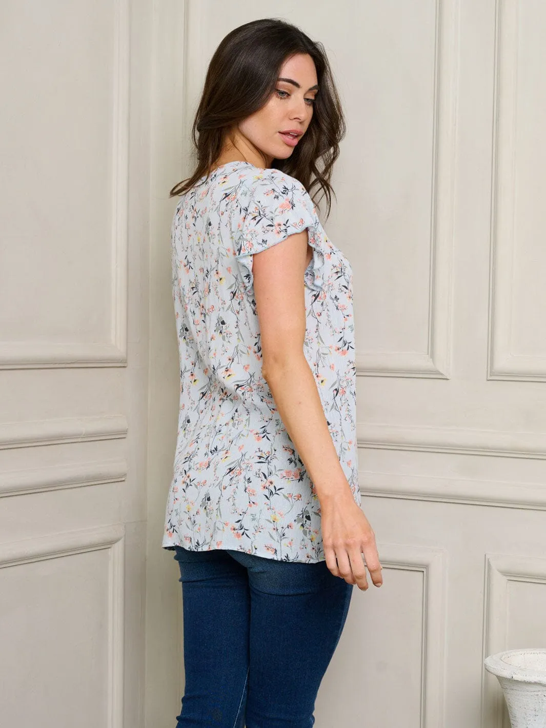 WOMEN'S SHORT RUFFLE SLEEVES FLORAL TUNIC TOP