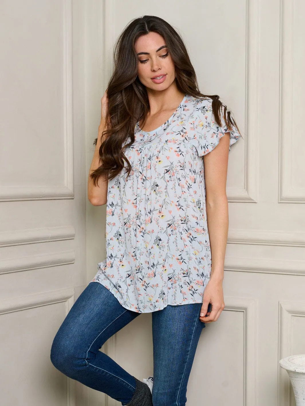 WOMEN'S SHORT RUFFLE SLEEVES FLORAL TUNIC TOP