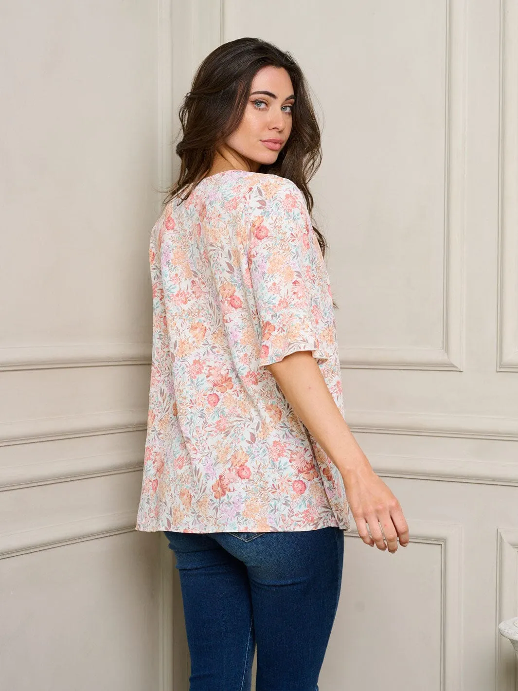 WOMEN'S SHORT RUFFLE SLEEVES FLORAL TUNIC TOP