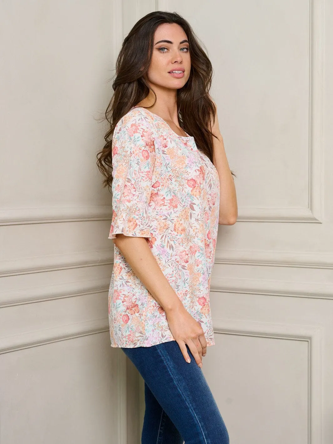 WOMEN'S SHORT RUFFLE SLEEVES FLORAL TUNIC TOP