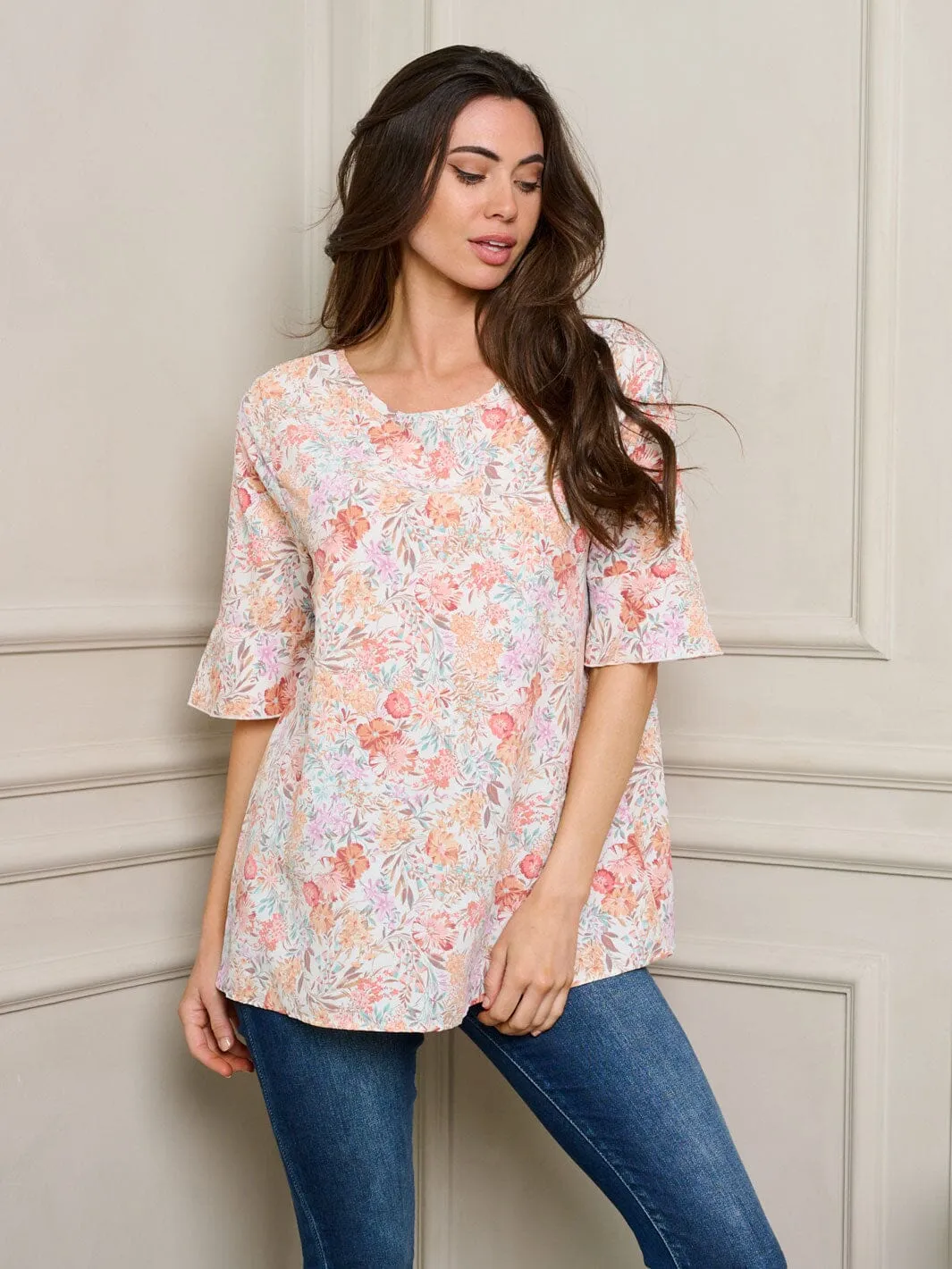 WOMEN'S SHORT RUFFLE SLEEVES FLORAL TUNIC TOP